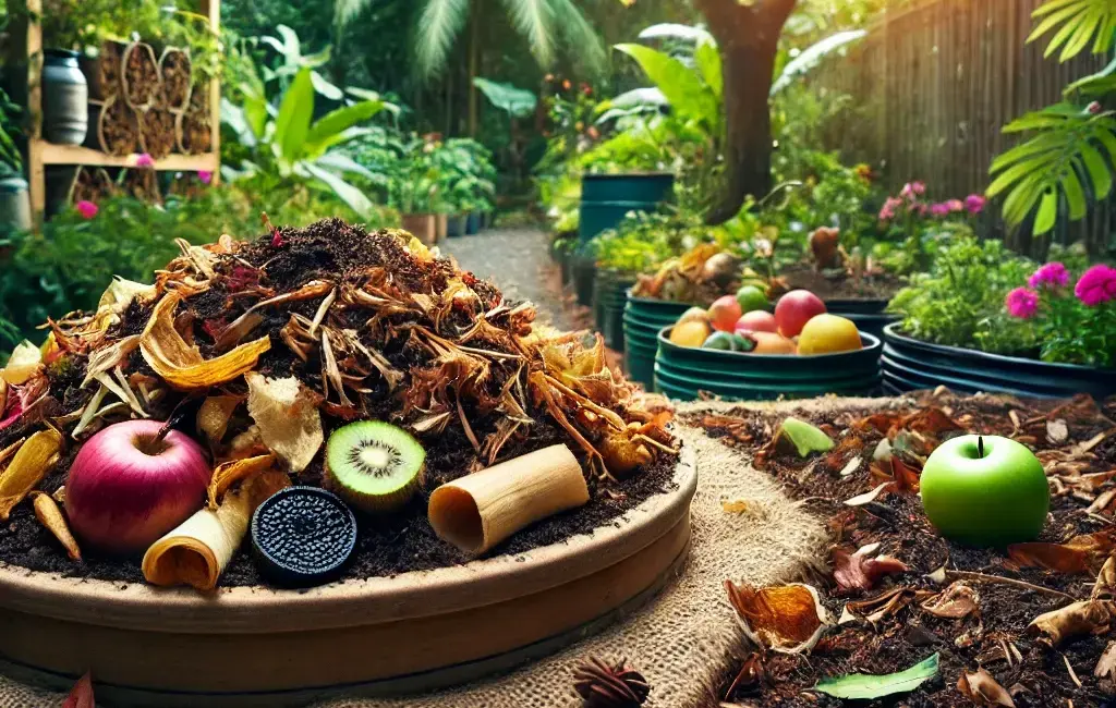 A backyard compost pile made of dried leaves and food scraps turning into dark, rich compost, with a healthy garden in the background showcasing the benefits of sustainable gardening.