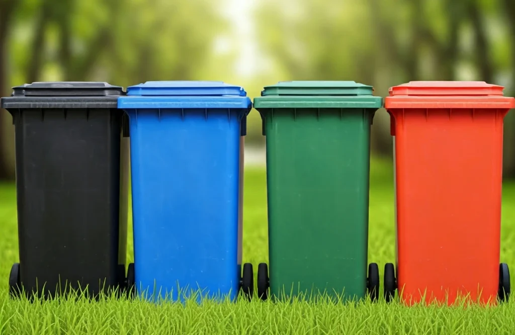 Different types of color coded dustbin are kept in the grassland. Four dustbins - black, blue, green and red colored bins.