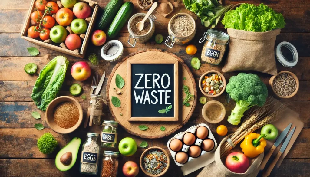 Zero waste living concept with fresh produce, reusable jars, eggs, bread, and eco-friendly items on a rustic wooden table.