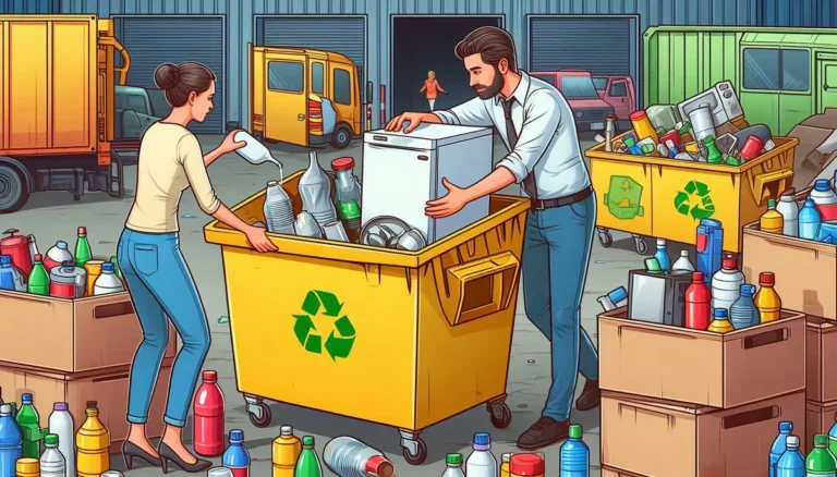 A cartoon illustration of two people throwing household hazardous waste