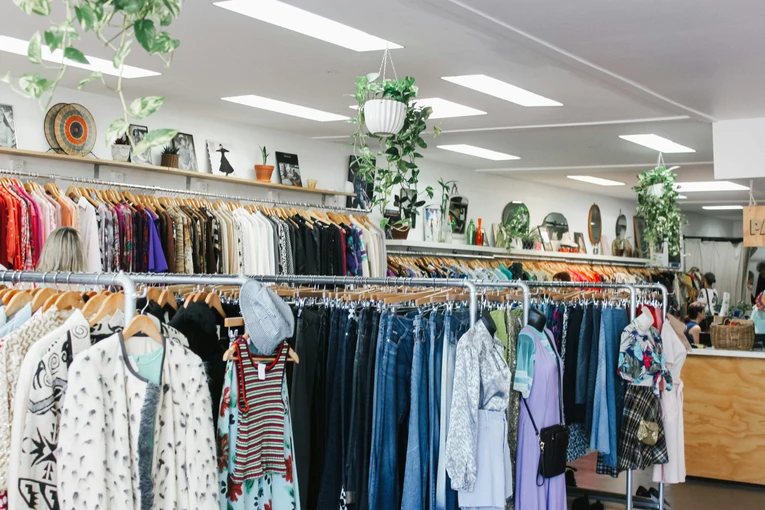 Clothes in store showing sustainability