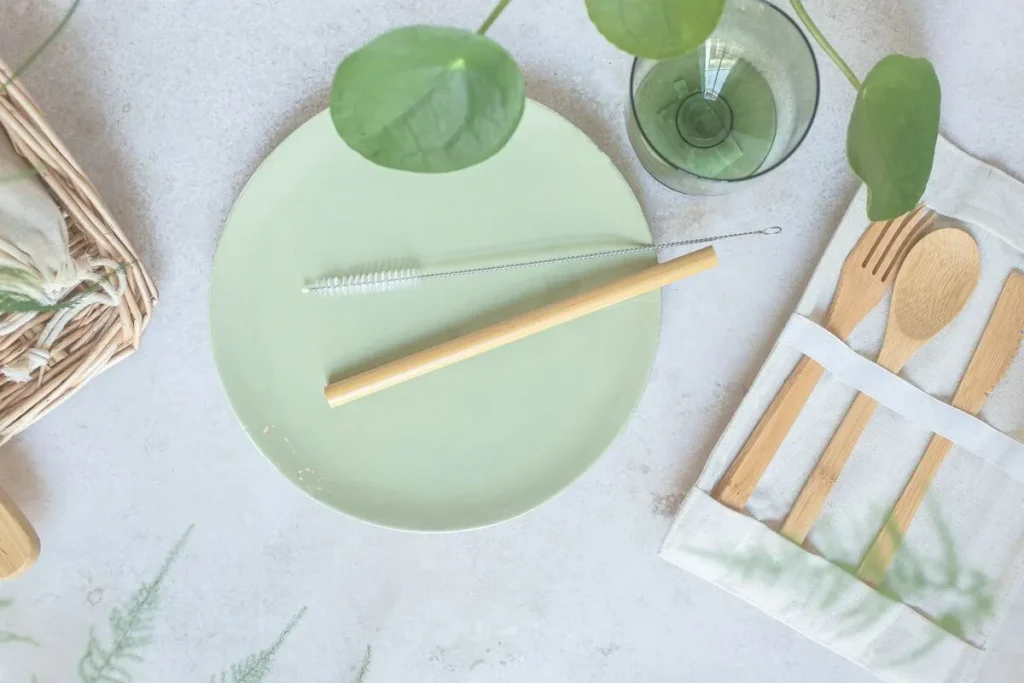 Image displaying eco friendly products like bamboo spoon and reusable plates