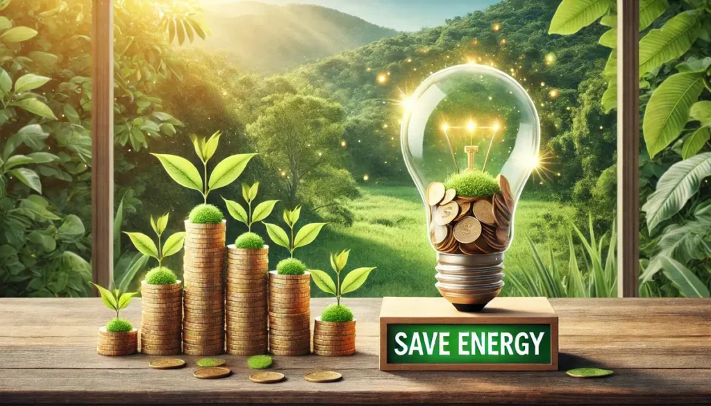 Save energy slogans image featuring a glass light bulb jar filled with coins, stacks of coins with green plants, and the bold text "SAVE ENERGY" on a natural green background