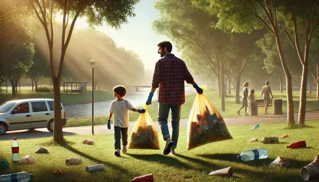 A realistic scene of an adult and a child cleaning up a park, holding large yellow garbage bags filled with litter, demonstrating effective ways to keep our surroundings clean. The park features lush green grass, tall trees, and a peaceful body of water under warm sunlight