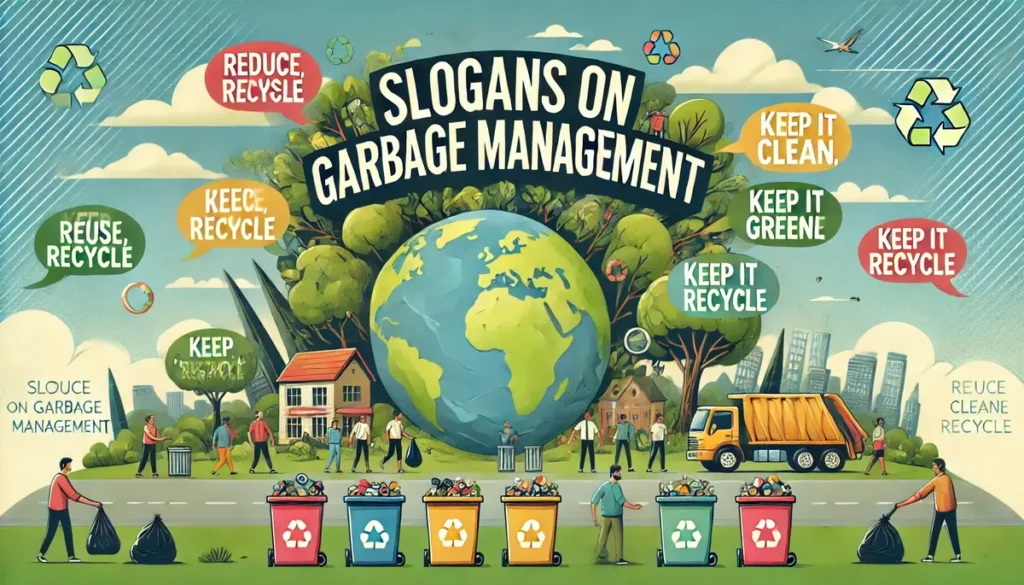 A vibrant poster promoting slogans on garbage management, featuring recycling bins and a clean Earth.