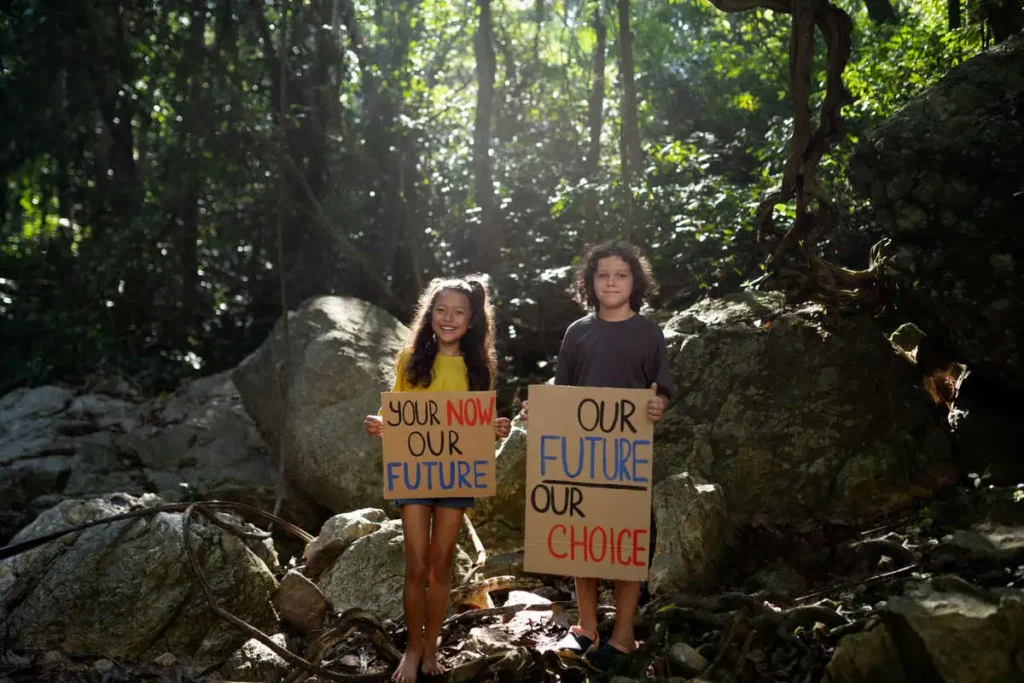 Two students holding posters, slogans on forest protection written on it are standing in the forest