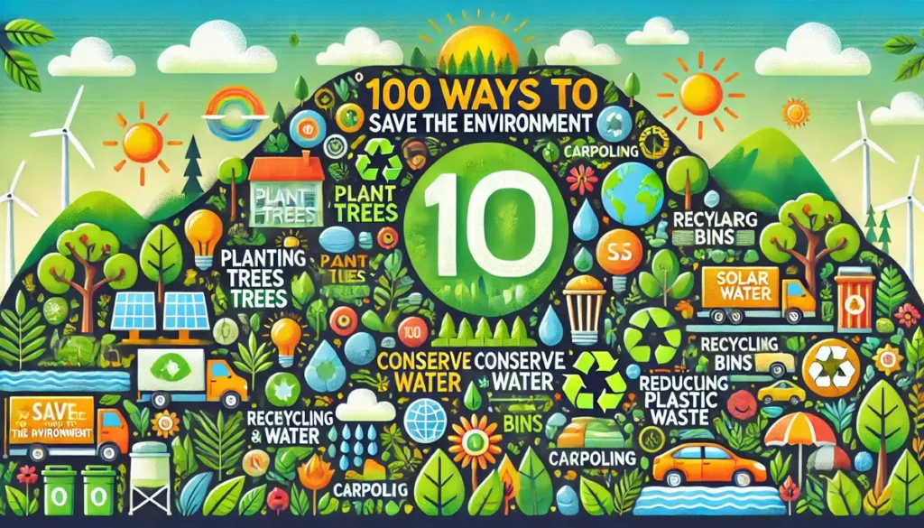 A vibrant infographic with the text "100 Ways to Save the Environment" at the center, surrounded by colorful icons of trees, water conservation, solar panels, recycling bins, and carpooling. The background features greens and blues representing nature, with a leafy border emphasizing sustainability.