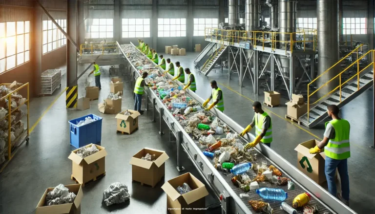 Workers sorting waste on a conveyor belt in a recycling facility, highlighting the importance of waste segregation for efficient recycling and environmental sustainability.