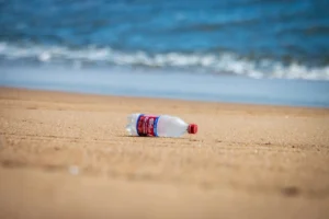 A discarded plastic bottle lying on a sandy beach with ocean waves in the background. The image highlights the issue of littering and the need for responsible waste disposal. The text "Ways to Stop Littering" relates to environmental awareness and keeping public spaces clean.