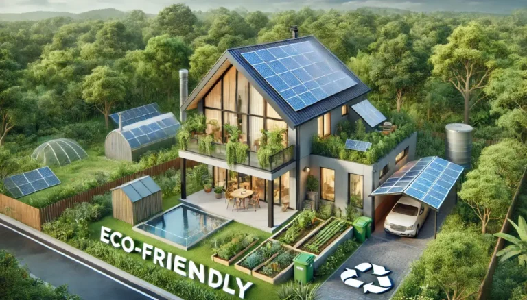 A modern eco-friendly house with solar panels on the roof, surrounded by lush greenery. The house features large windows for natural light, a rainwater harvesting system, a small vegetable garden, and a recycling station.