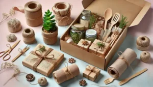 A beautifully arranged eco-friendly return gift setup featuring a sustainable gift box filled with organic snacks, handmade soaps, reusable wooden utensils, and a potted plant wrapped in recycled paper. The gifts are wrapped in kraft paper and twine, creating a natural, eco-conscious aesthetic.