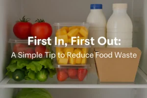 Organized kitchen shelves showing neatly arranged food items with a simple "First In First Out" reminder, promoting zero-waste living.