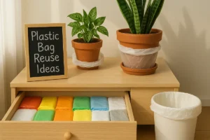 A wooden dresser with potted plants and a chalkboard sign reading "Plastic Bag Reuse Ideas," featuring neatly folded plastic bags in a drawer and reused plastic bags as liners for plant pots and a trash bin.
