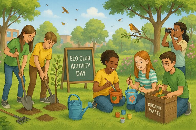 Students participating in eco-friendly activities such as gardening, composting, and painting during an Eco Club Activity Day in a school garden.