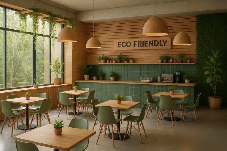 An interior view of an eco-friendly cafeteria featuring wooden elements, green tiles, hanging plants, and a sign that reads "ECO FRIENDLY".