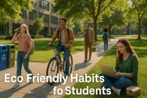 A diverse group of students engaging in eco friendly habits on a sunny university campus, including biking, using a reusable water bottle, and studying outdoors.