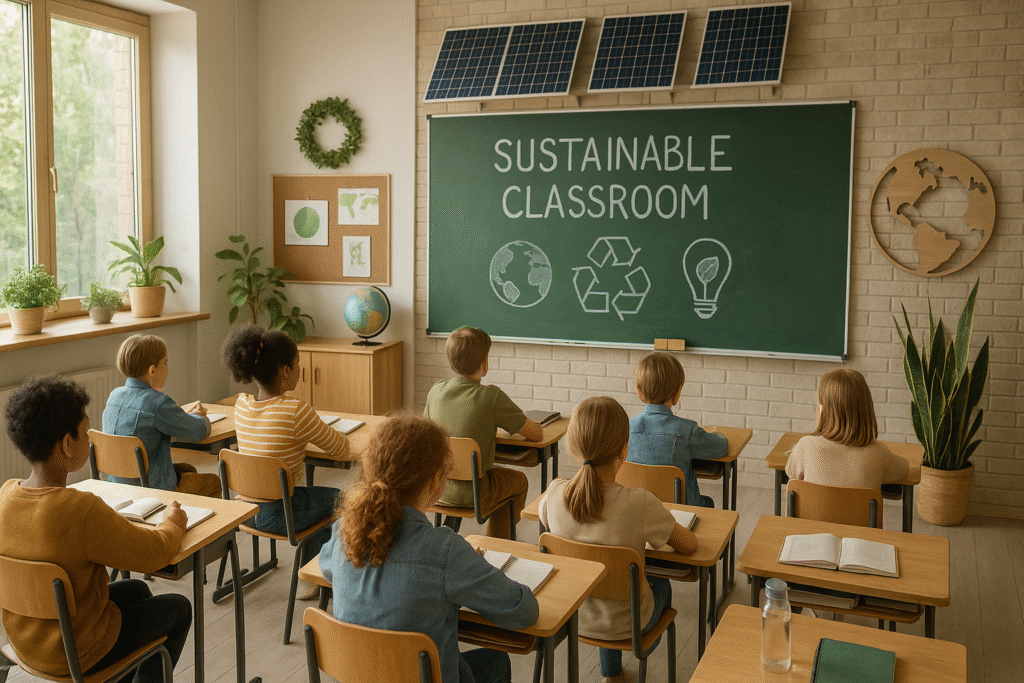 Students sit in a sustainable classroom with solar panels above the chalkboard, which reads "SUSTAINABLE CLASSROOM" and displays eco-friendly icons.